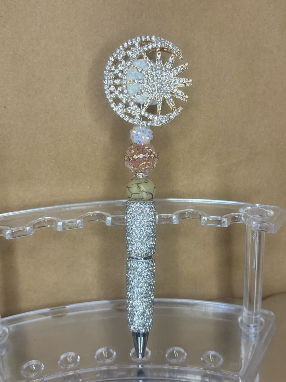 Crystal Moon & Sun Beaded Rhinestone Pen - Silver & Gold Accents